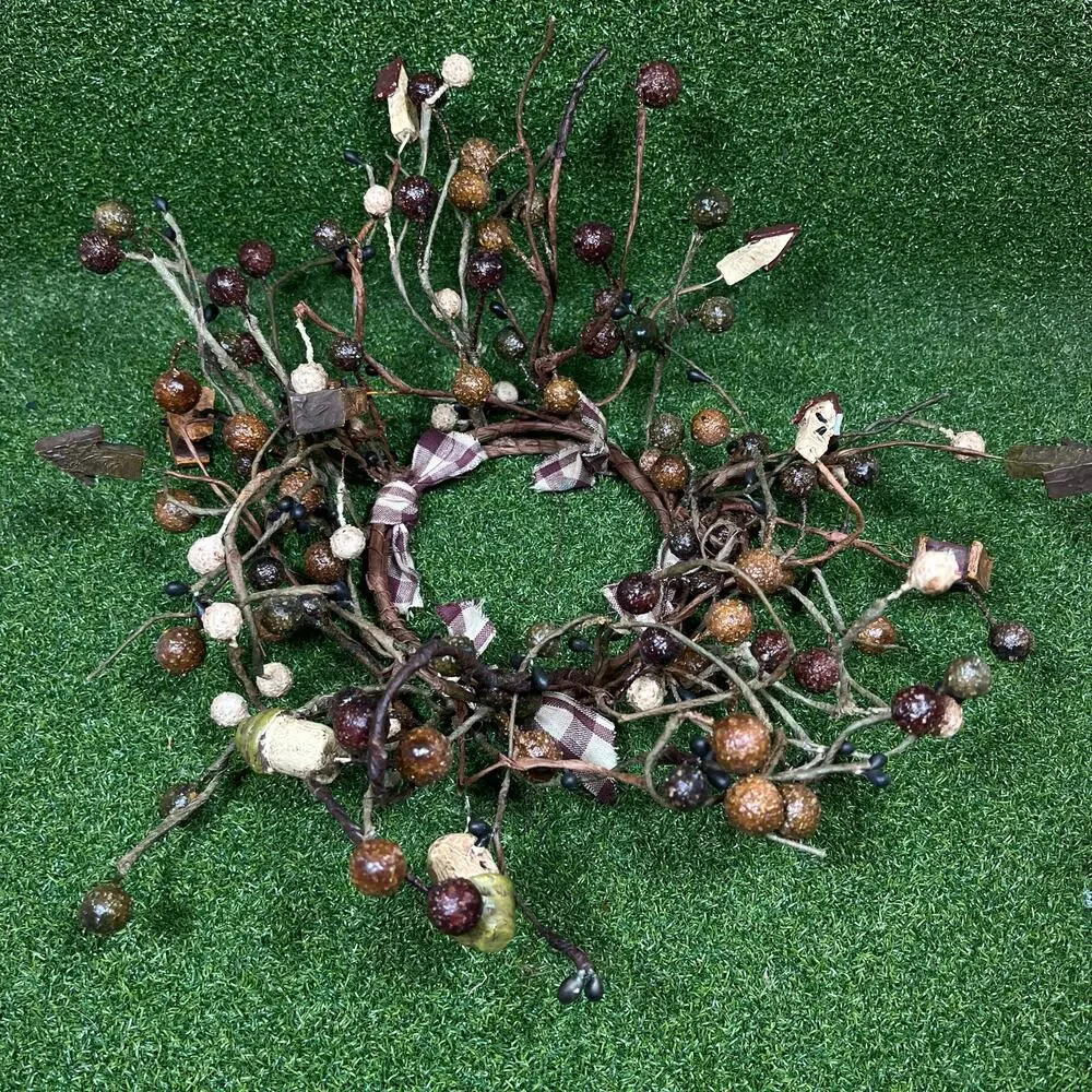 Primitive Folk Art Candle Ring Wreath Berries Acorns Birdhouses Homespun Country